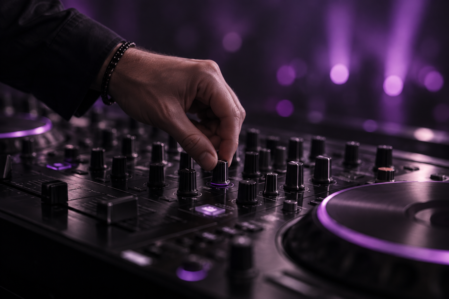 Immagine d’atmosfera generata: console DJ e luci viola